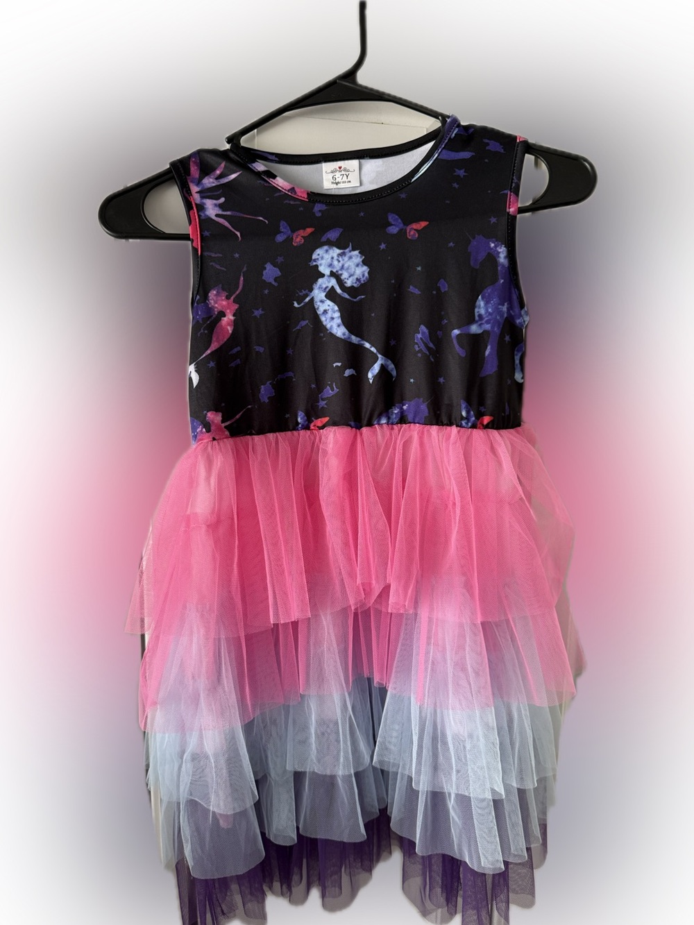 Mermaid & Seahorse Tulle Tiered Dress in Black and Pink